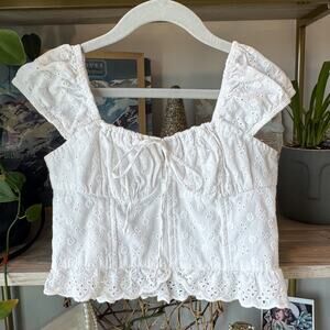 Hollister White Eyelet Lace Cropped Top Puff Sleeve Cottagecore Tie Front XXS